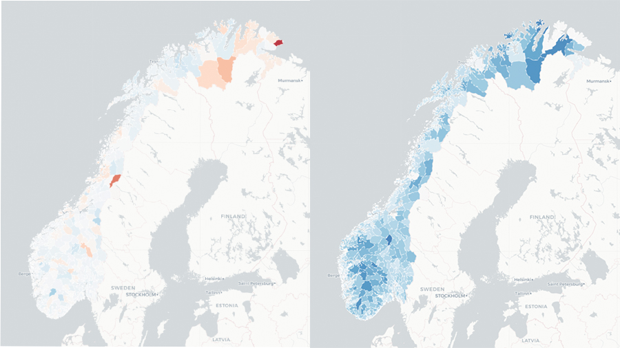 Map of people's movement in Norway on 10 March (left) and 15 March 2020